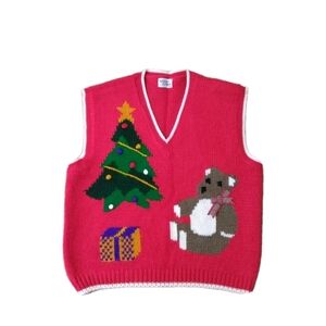 Hastings & Smith Knit Ugly Christmas Sweater Vest Red Women's Size L Vintage